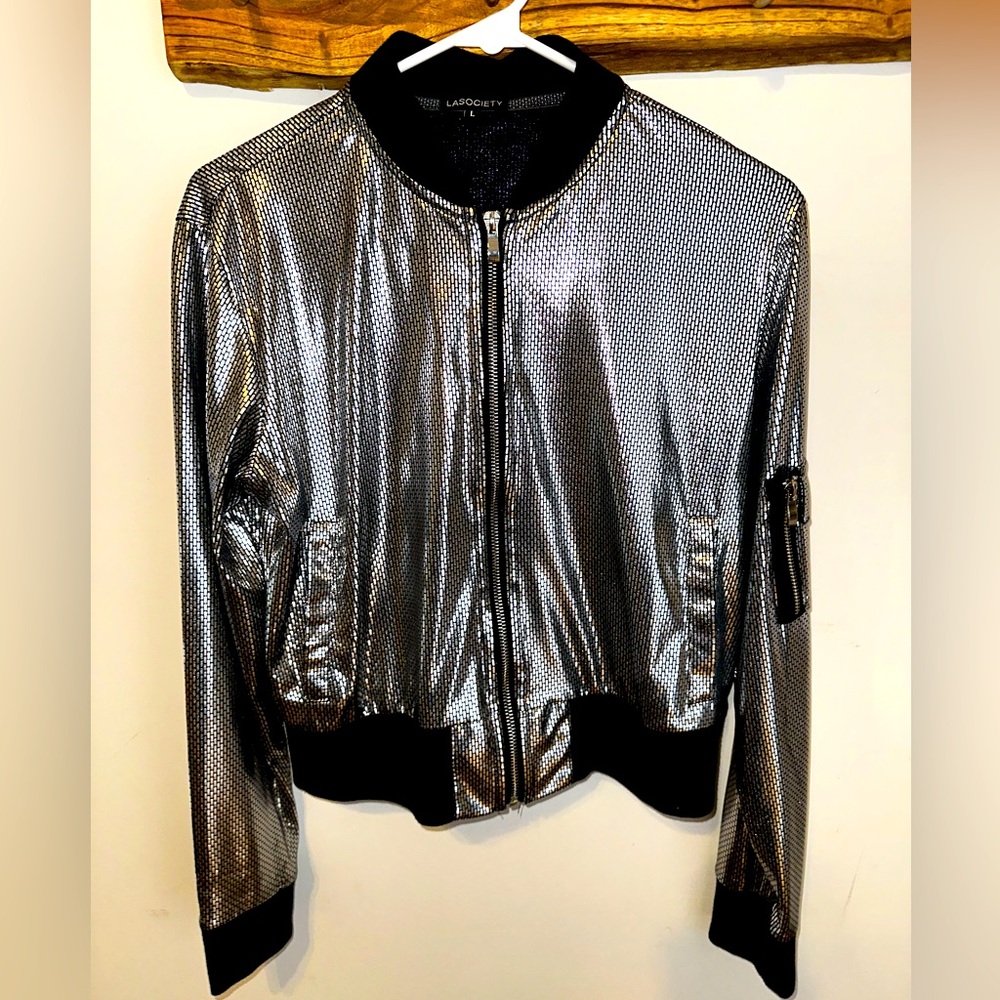 Metallic silver bomber jacket. Lightweight.